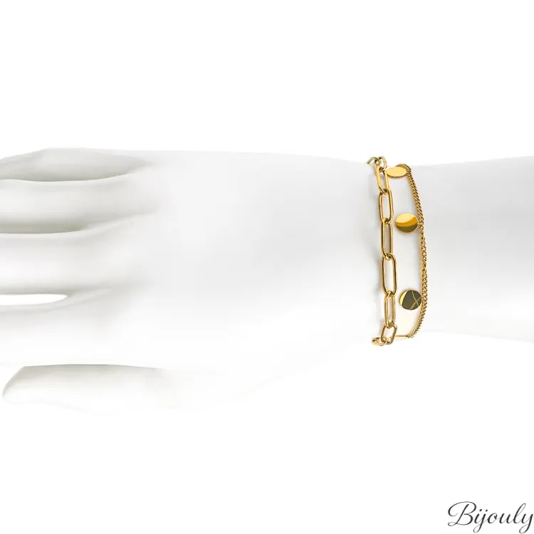 Bracelet Double Chaîne Médaillons — Mailles Figaro et Disques Dorés | Bijouly