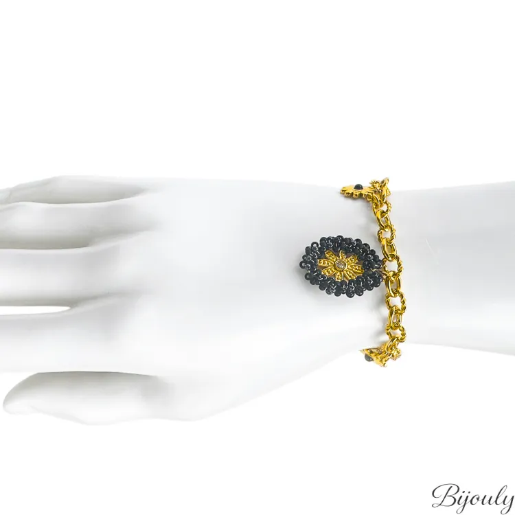 Bracelet Fleurs Nocturnes — Breloques Cristal Noir & Doré | Bijouly