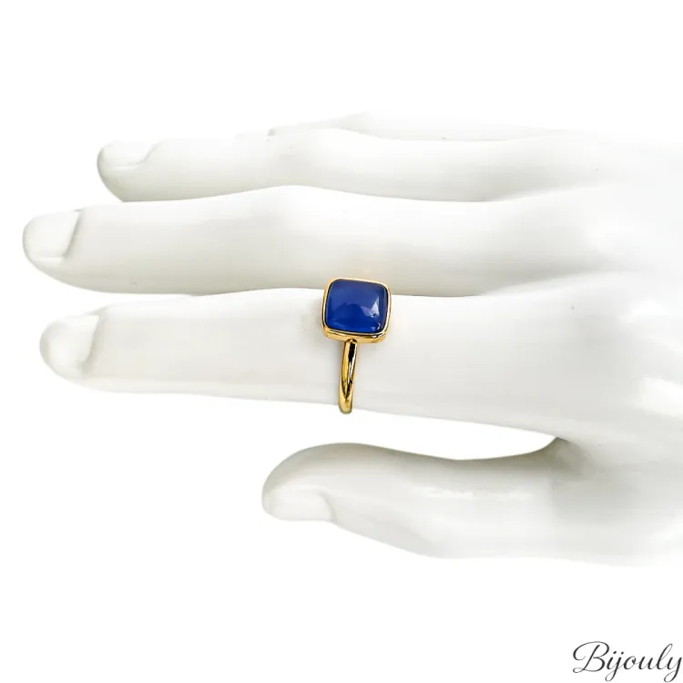 Bague ajustable agate bleue teintée – Acier doré | Bijouly