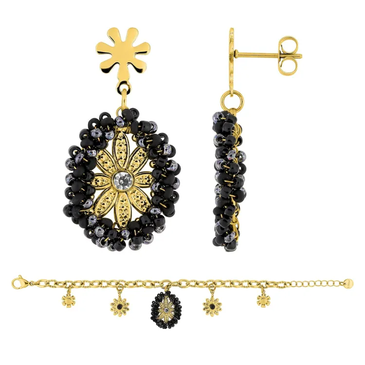 Parure cristal noir et doré – Bijoux floraux | Bijouly