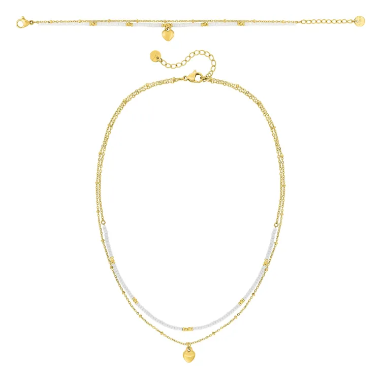 Parure collier bracelet blanc nacré cœur doré | Bijouly
