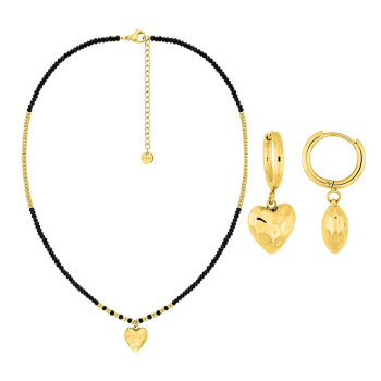 Parure cœur doré & verre noir – Collier & créoles | Bijouly