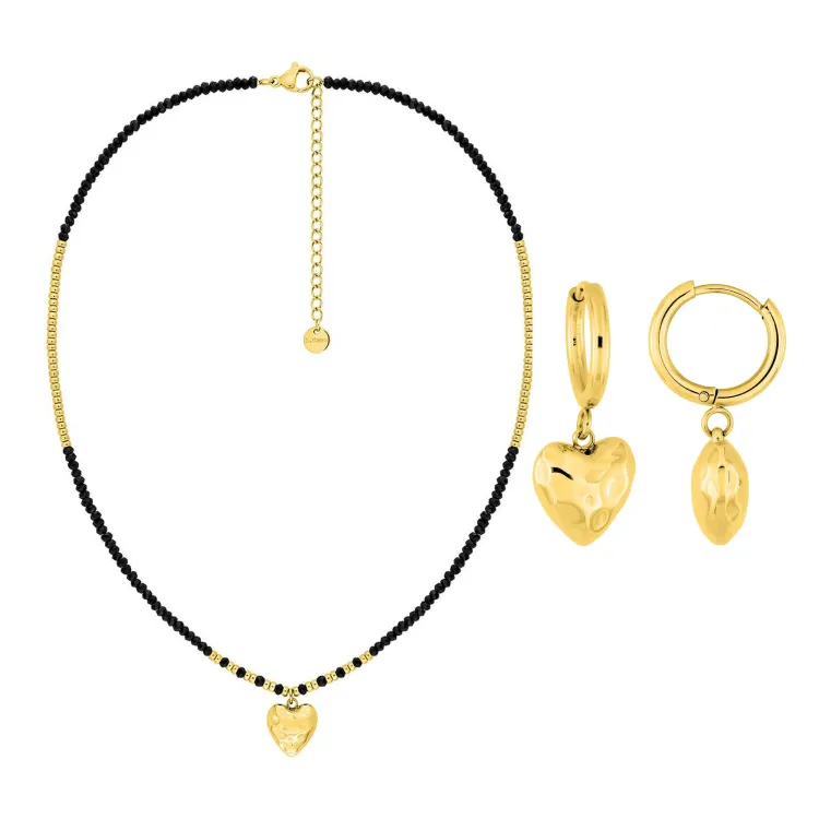 Parure cœur doré & verre noir – Collier & créoles | Bijouly