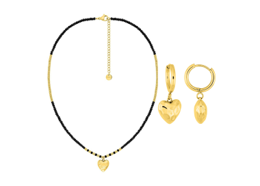 Parure cœur doré & verre noir – Collier & créoles | Bijouly