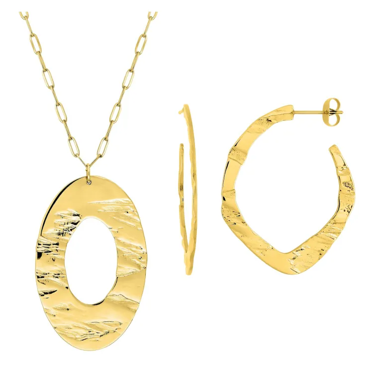Parure Onde – Collier & créoles acier doré martelé | Bijouly