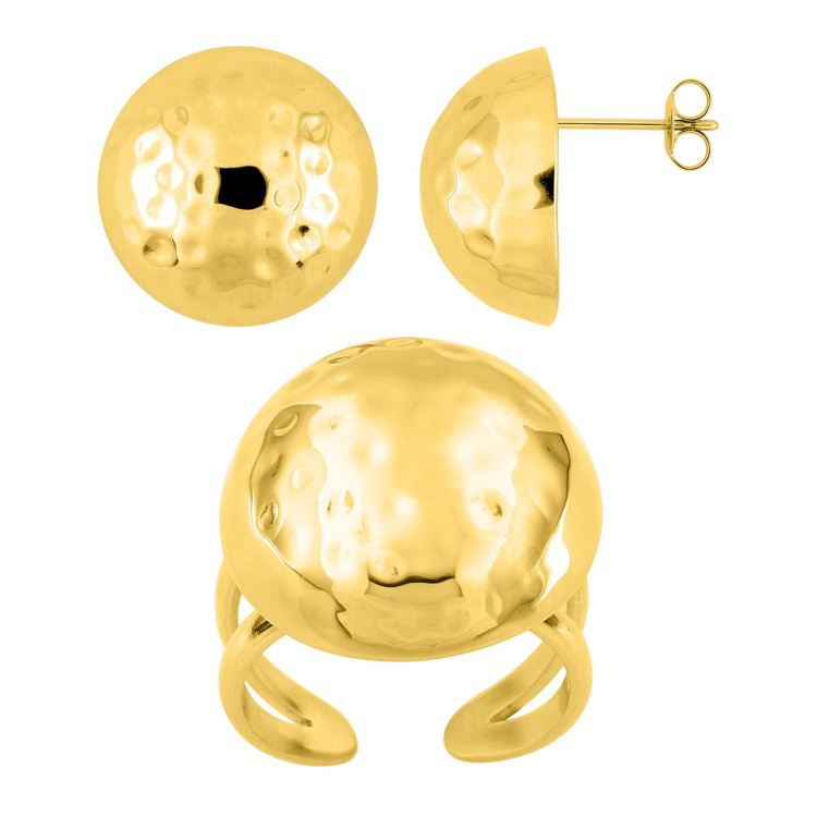 Parure Luna – Puces & bague dôme doré martelé | Bijouly