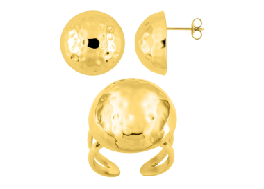 Parure Luna – Puces & bague dôme doré martelé | Bijouly