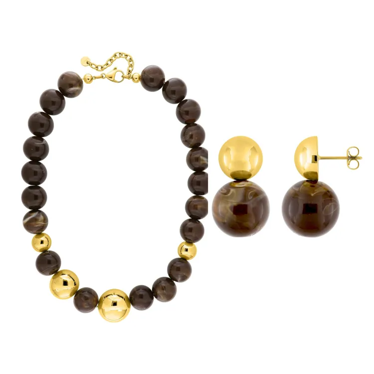 Parure Havane – Grandes sphères marron & dorées | Bijouly