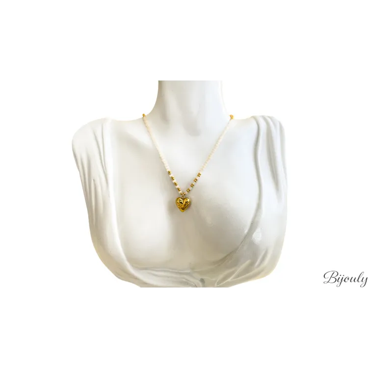 Parure Cœur Nacré – Collier verre blanc & créoles | Bijouly