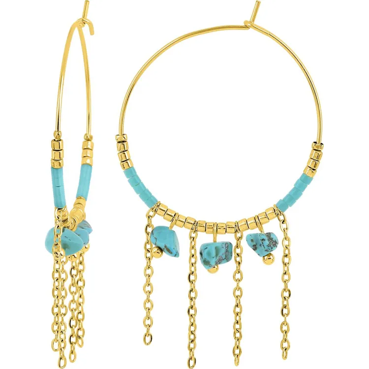 Boucles d'oreilles créoles turquoise et verre – Acier doré | Bijouly