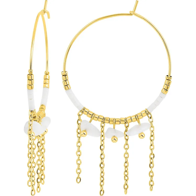 Boucles d'oreilles créoles jade blanc et verre – Acier doré | Bijouly