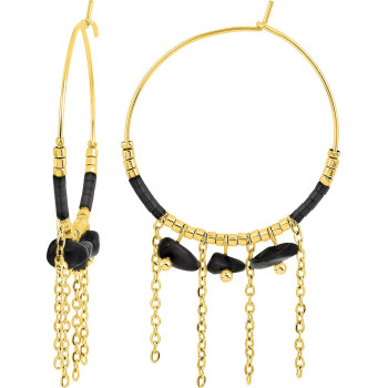 Boucles d'oreilles créoles agate noire et verre bleu – Acier doré | Bijouly