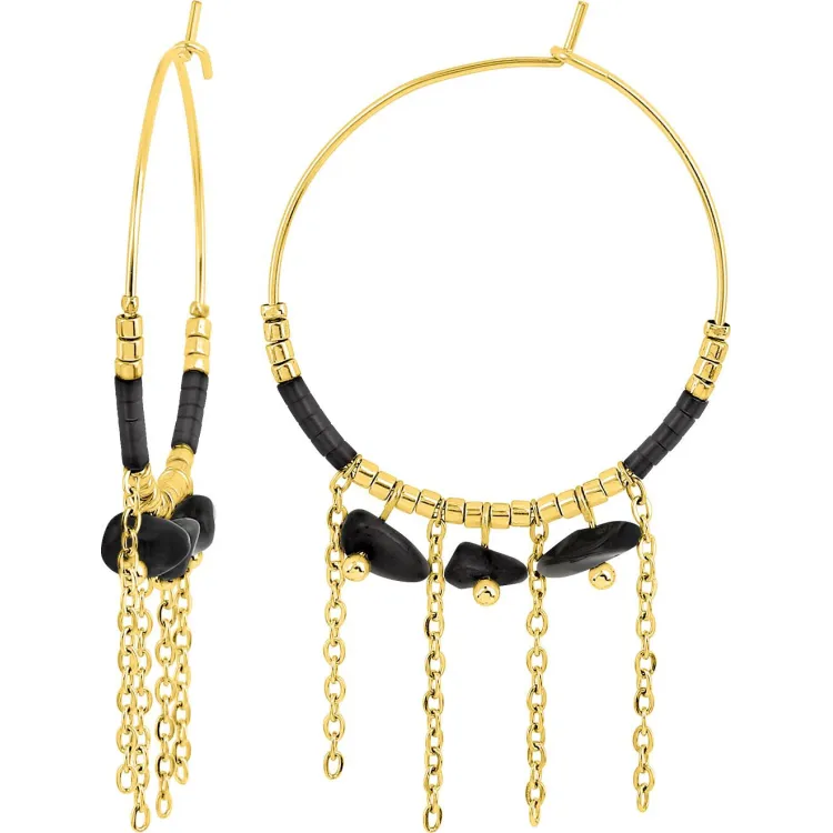 Boucles d'oreilles créoles agate noire et verre bleu – Acier doré | Bijouly