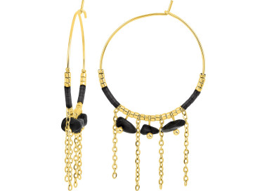 Boucles d'oreilles créoles agate noire et verre bleu – Acier doré | Bijouly