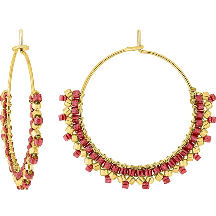 Boucles d'oreilles créoles verre rouge et doré | Bijouly