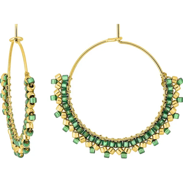 Boucles d'oreilles créoles verre vert et doré | Bijouly