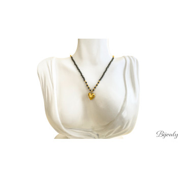 Collier pendentif cœur verre noir – Acier doré | Bijouly
