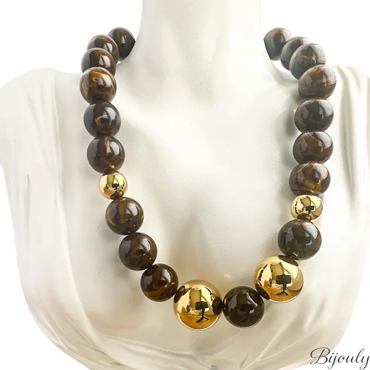 Collier acrylique marron – Acier doré | Bijouly