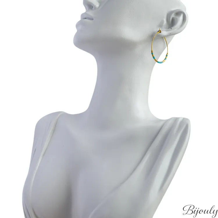 Boucles d'oreilles créoles verre bleu et doré | Bijouly