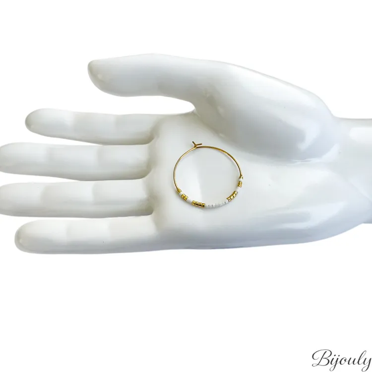 Boucles d'oreilles créoles verre blanc – Acier doré | Bijouly