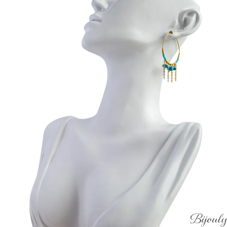 Boucles d'oreilles créoles turquoise et verre – Acier doré | Bijouly