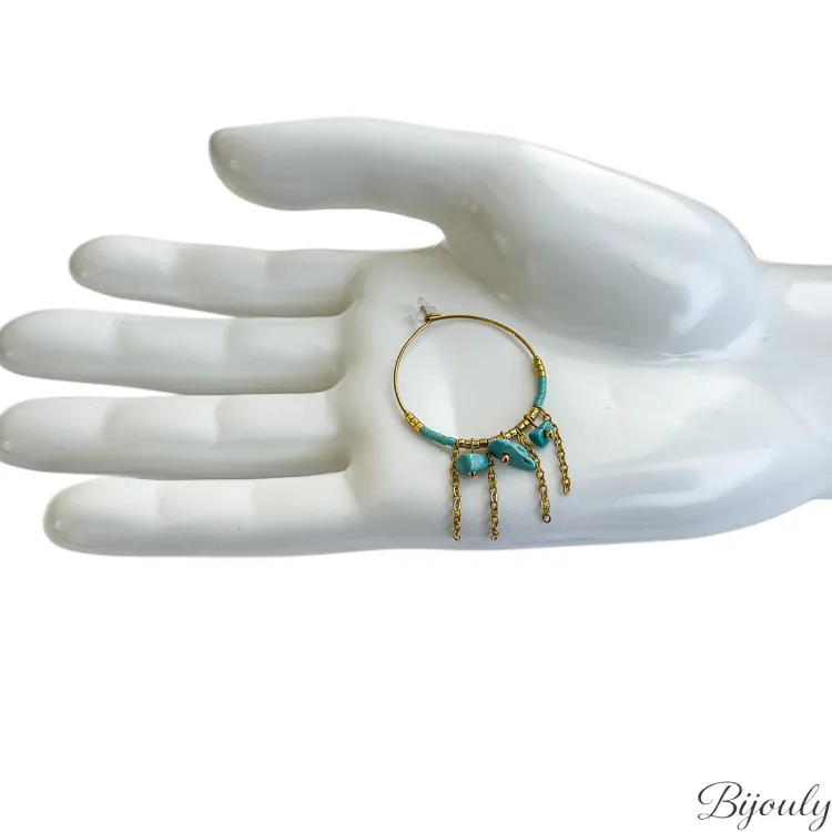 Boucles d'oreilles créoles turquoise et verre – Acier doré | Bijouly