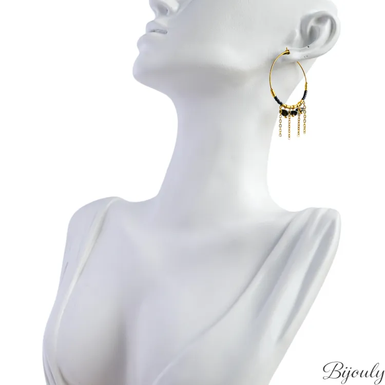 Boucles d'oreilles créoles agate noire et verre bleu – Acier doré | Bijouly