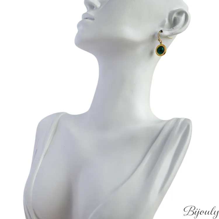 Boucles d'oreilles crochet malachite synthétique – Acier doré | Bijouly