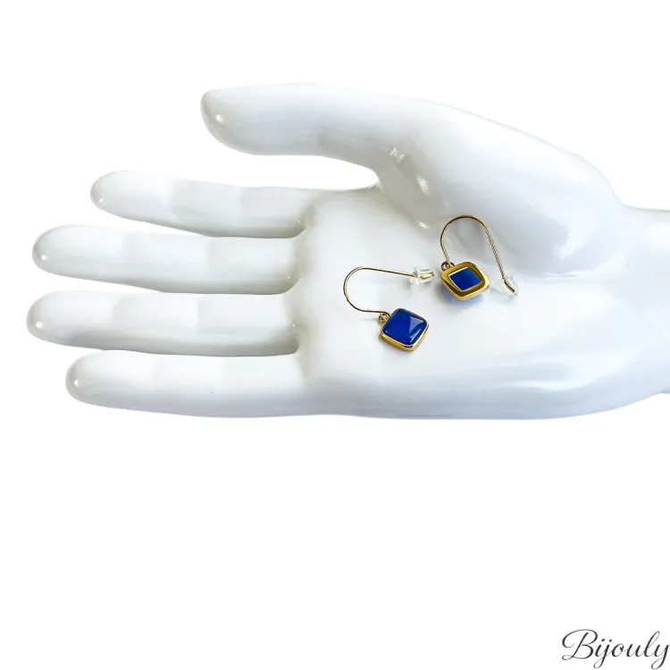 Boucles d'oreilles crochet agate bleue teintée – Acier doré | Bijouly