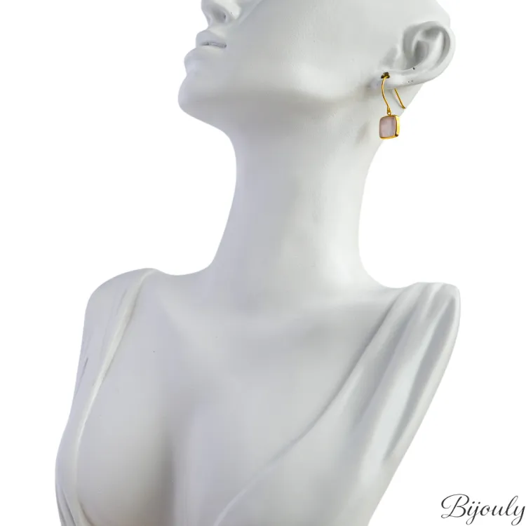 Boucles d'oreilles crochet quartz rose – Acier doré | Bijouly