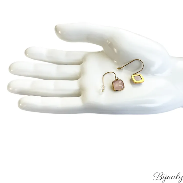 Boucles d'oreilles crochet quartz rose – Acier doré | Bijouly