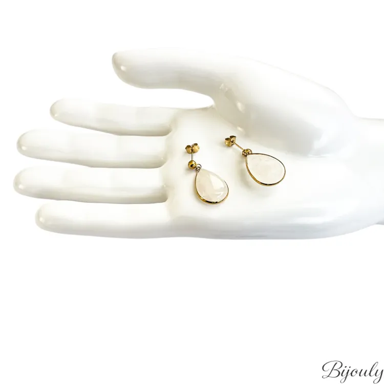 Boucles d'oreilles pendantes IP jaune et jade blanc | Bijouly
