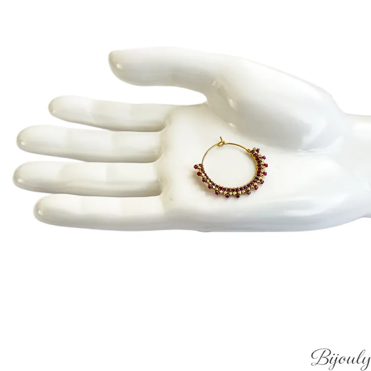 Boucles d'oreilles créoles verre rouge et doré | Bijouly