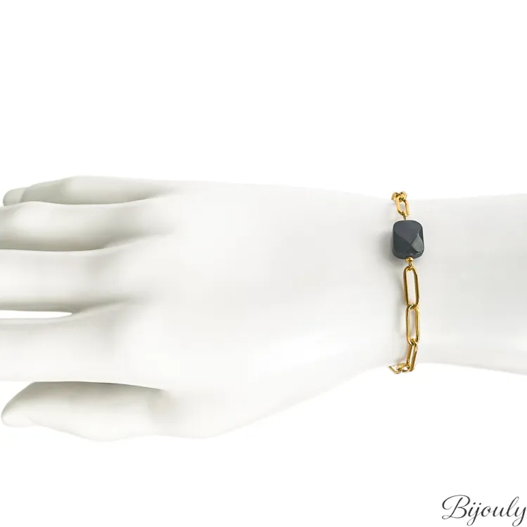 Bracelet agate noire – Acier doré | Bijouly