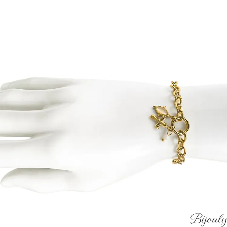 Bracelet perle blanche et verre – Acier | Bijouly